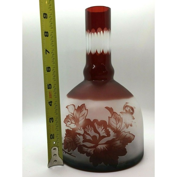 Vintage BOHEMIAN GLASS Vase Ruby Red Cut To Clear Neck & Base Frosted Floral - Picture 10 of 12
